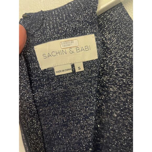 Sachin & Babi S Navy Blue Metallic Sparkle Knit Long Sleeve Sheath sweater Dress - Picture 6 of 7